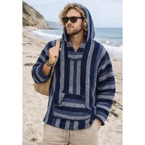 Baja Joe Mexican Baja Hoodie Poncho Style Pullover Made in Mexico Small Blue
